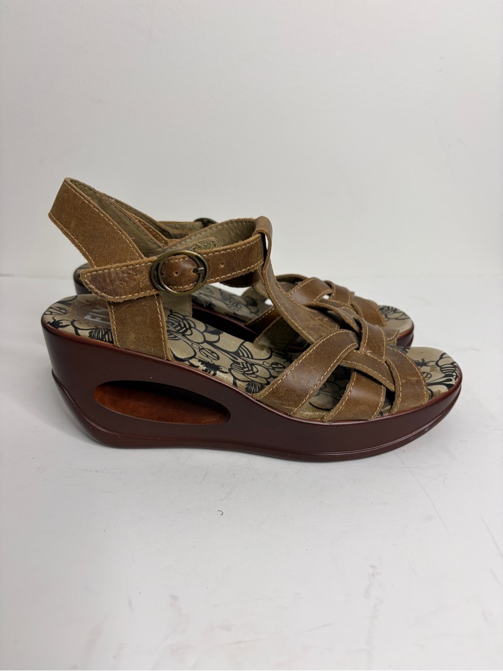 Fly London Sandals Womens 37 US 6.5 7 Brown Leather Fisherman Wedge Cut Out